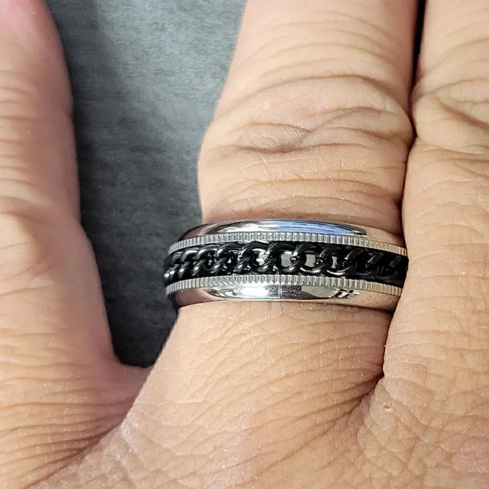 Men's Black Chain Fidget Spinner Wedding Band - Anxiety Ring for Men